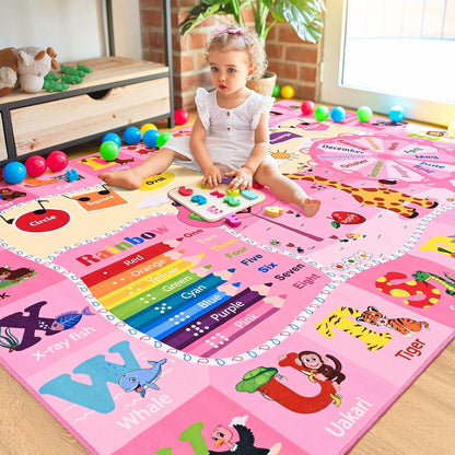 Kids Rugs for Playroom Bedroom Classroom Nursery, Non-Slip and Washable Rugs for Children Toddlers Girls, Educational and Fun Rug Carpets with ABC Alphabet Animals Shapes, 3x5, Pink