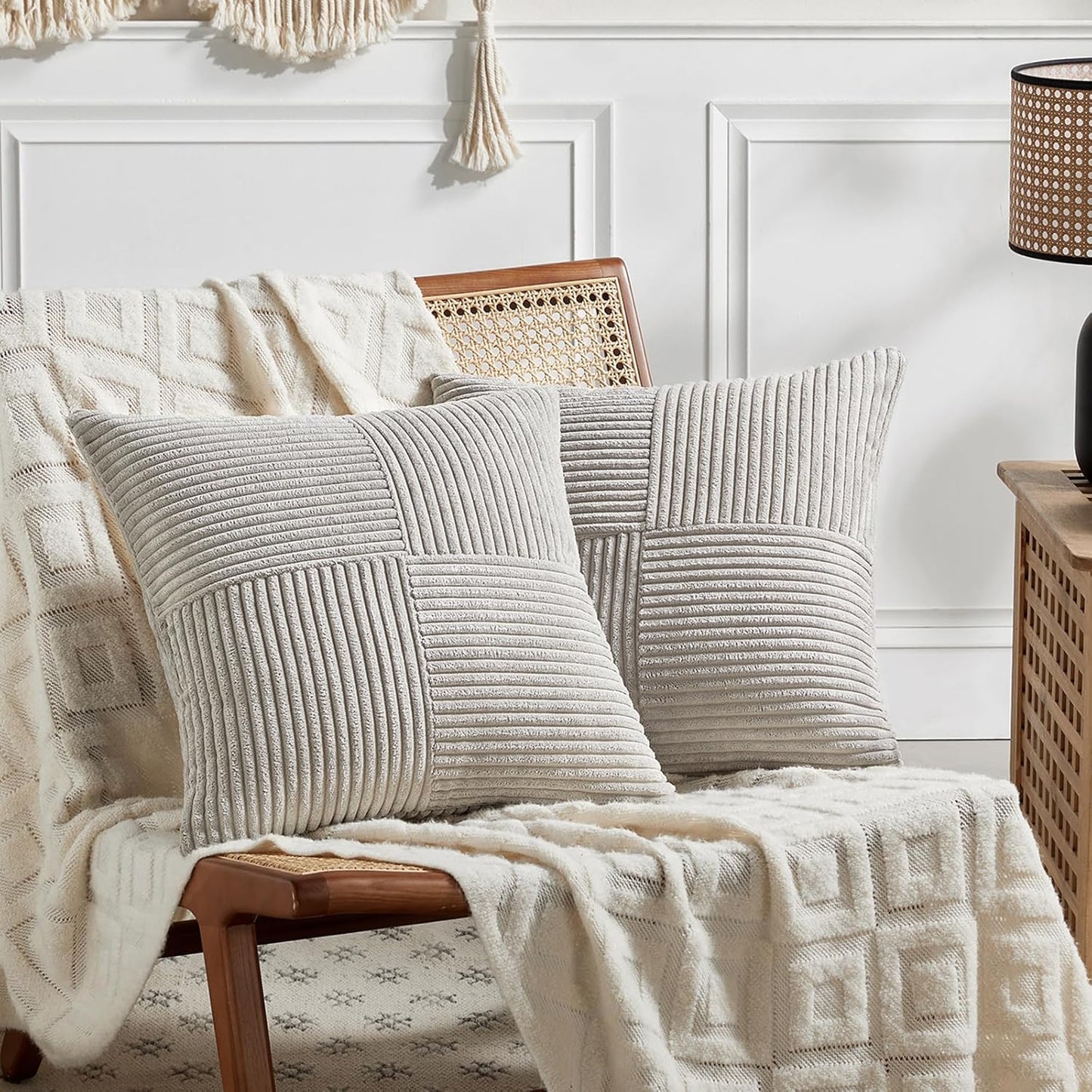 Fancy Homi 2 Packs Neutral Grey Decorative Throw Pillow Covers 18x18 Inch for Living Room Couch Sofa, Rustic Farmhouse Boho Home Decor, Soft Corss Corduroy Patchwork Textured Square Cushion Case 45cm