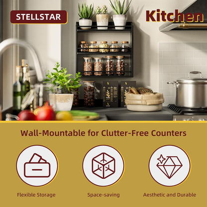 Bamboo Spice Rack Wall Mount or Tabletop Holder, 3-Tier Shelf for Seasoning Bottles Organizer, Medicine Holder (Black)