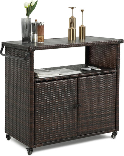 Wicker Outdoor Bar Cart - Brown Patio Console Storage Table Buffet Cabinet Serving Kitchen Cart with Wheels for Outside Backyard