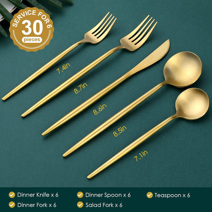 Matte Gold Silverware Set, OGORI 30-Piece Food Grade Stainless Steel Gold Flatware Set, Kitchen Utensil Set Service for 6, Tableware Cutlery Set for Home and Restaurant, Dishwasher Safe