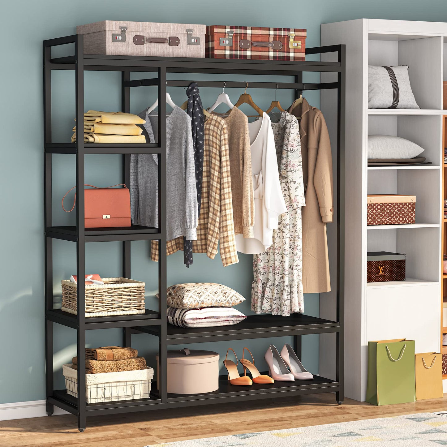LITTLE TREE Free Standing Wood Closet Clothes Rack,Heavy Duty Grament Rack with Shelves,Hanging