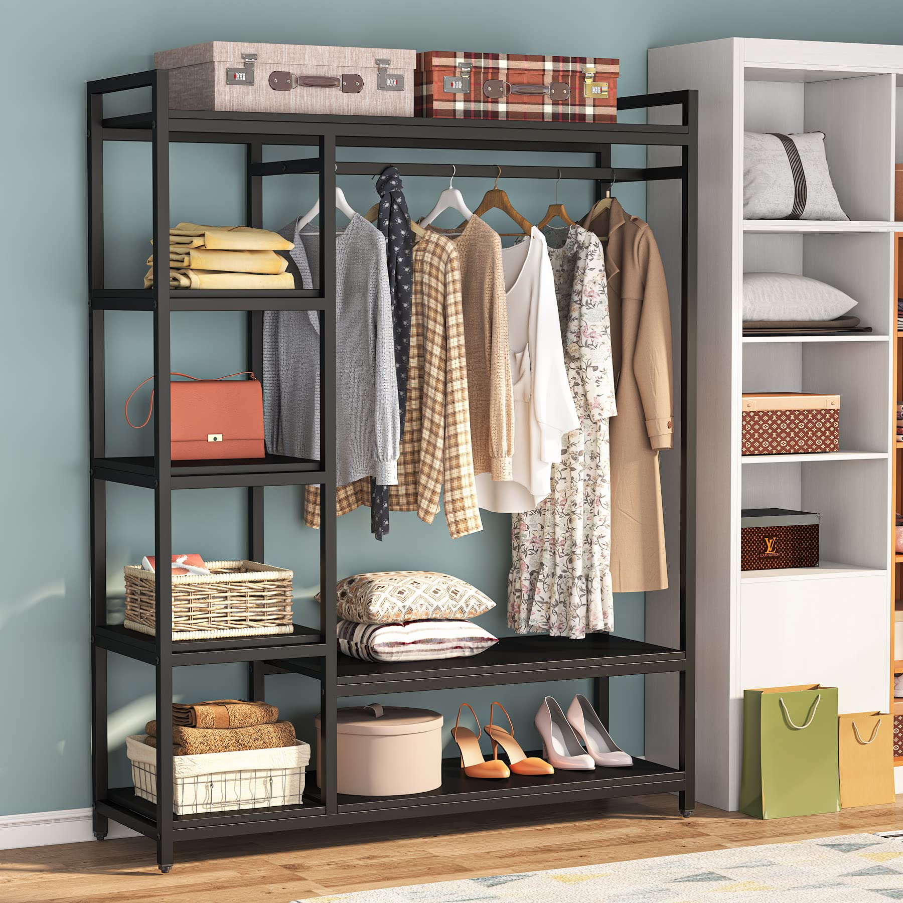 LITTLE TREE Free Standing Wood Closet Clothes Rack,Heavy Duty Grament Rack with Shelves,Hanging