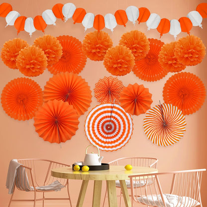 Orange Party Decorations, Papar Fans Pompoms Fans Garlands for Halloween Birthday Bridal Baby Shower Wedding Graduation Spring Festival Party Decorations