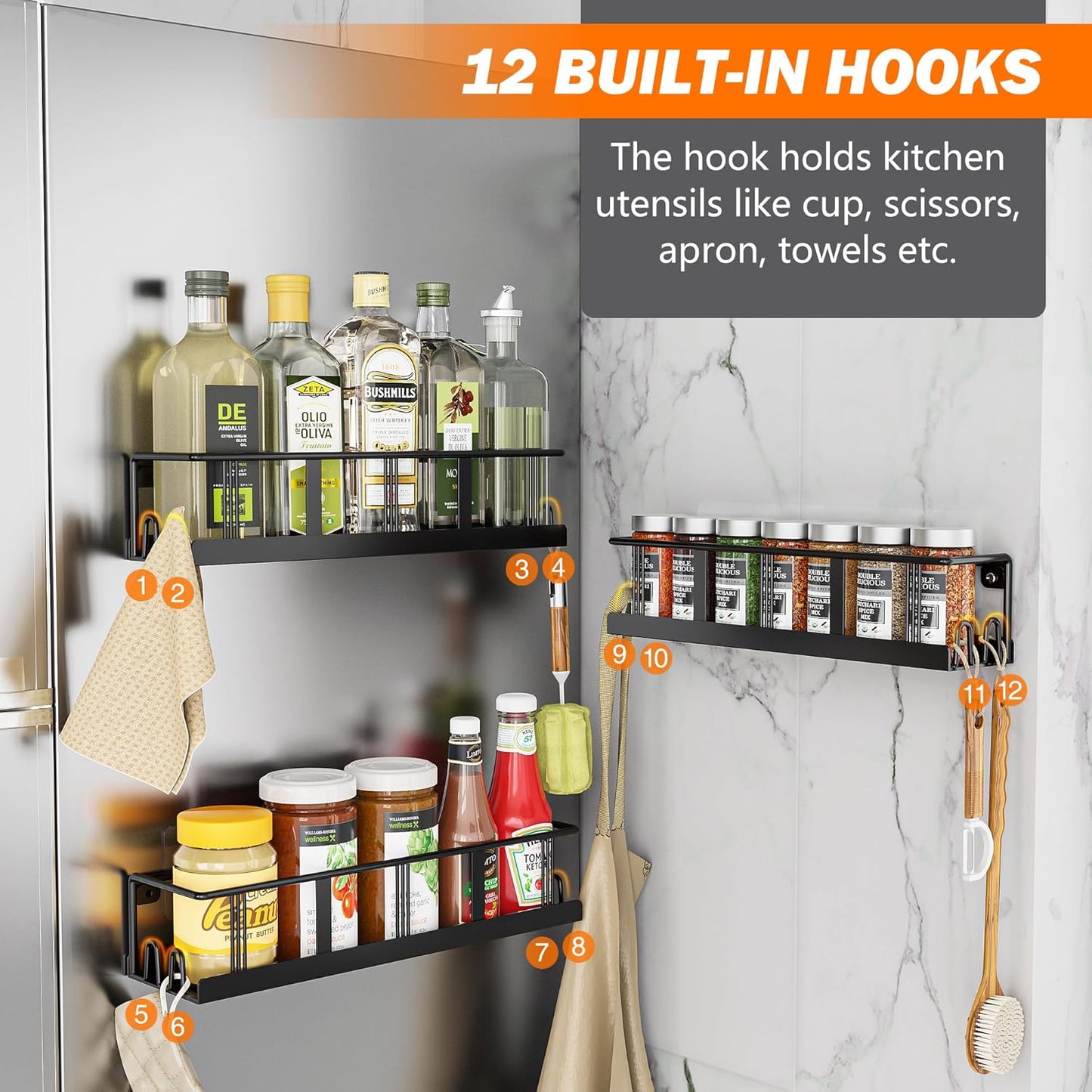 Spice Rack Wall Mounted 3 Pack, Space-Saving Spice Organizer for Spice Jars and Seasonings,Screw or Adhesive Hanging Spice Rack Organizer for Your Kitchen Cabinet,or Pantry Door