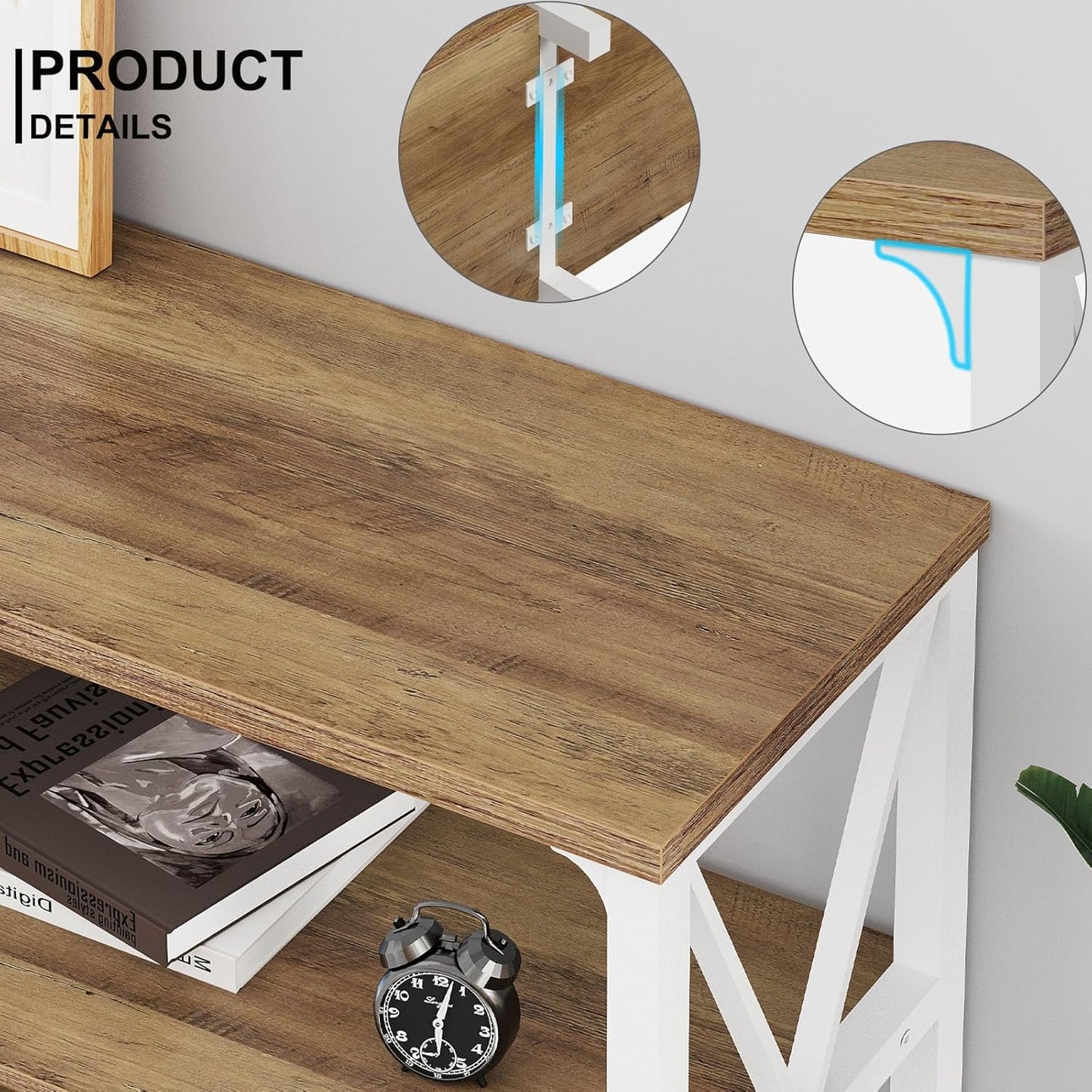 LVB Industrial Entryway Table, Farmhouse Rustic Console Table Behind Couch, Long Metal Sofa Table with Storage Shelf, Modern Hallway Table for Living Room Bedroom,White and Rustic Oak,63 inch