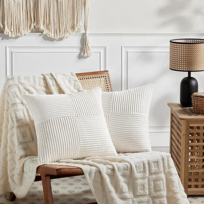 Fancy Homi 2 Packs Cream White Samll Decorative Throw Pillow Covers 14x14 Inch with for Couch Bed Sofa, Rustic Farmhouse Boho Home Decor, Soft Corss Patchwork Corduroy Square Cushion Case 35x35 cm