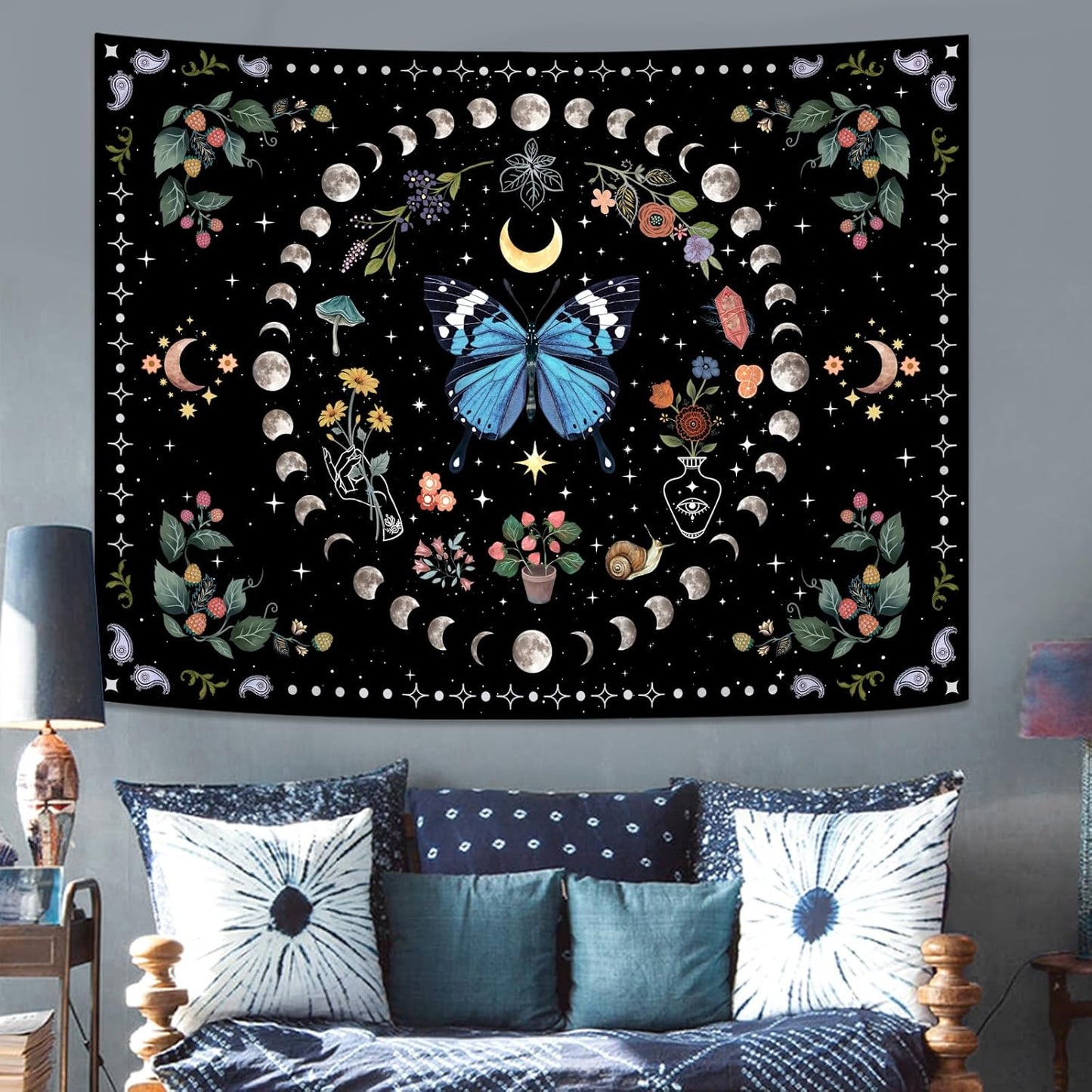 Aipon Blue Butterfly Moon Flower Wall Hanging - Botanical Boho Floral Tapestry for Bedroom & Living Room (44.00" x 60.00", Blue)