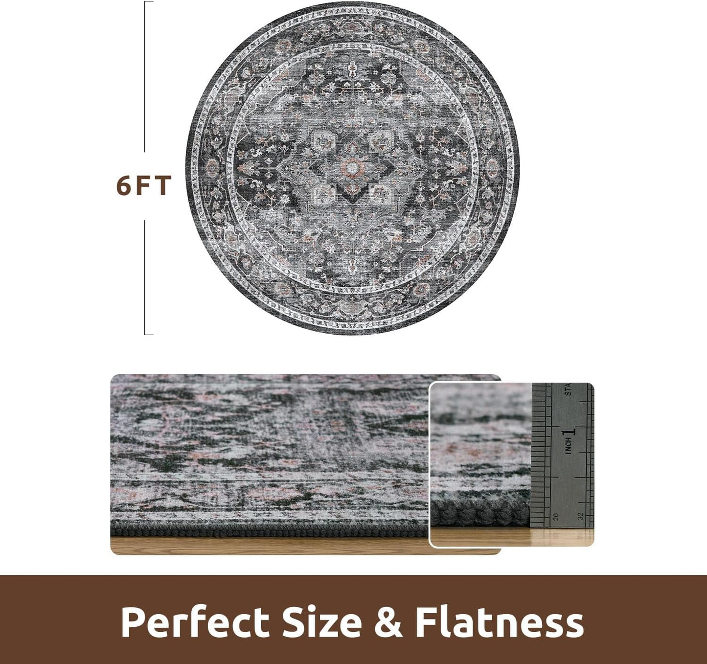 AMOAMI-6FT Round Rug-Rugs for Living Room-Vintage Soft Black Rugs for Bedroom-Non Slip Circle Rug-Machine Washable Rug for Dining Room Living Room Bedroom Office Under Table Dark Grey & Black