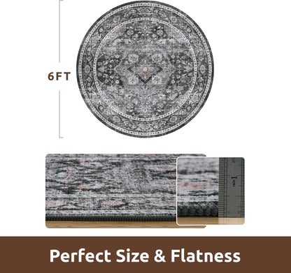 AMOAMI-6FT Round Rug-Rugs for Living Room-Vintage Soft Black Rugs for Bedroom-Non Slip Circle Rug-Machine Washable Rug for Dining Room Living Room Bedroom Office Under Table Dark Grey & Black