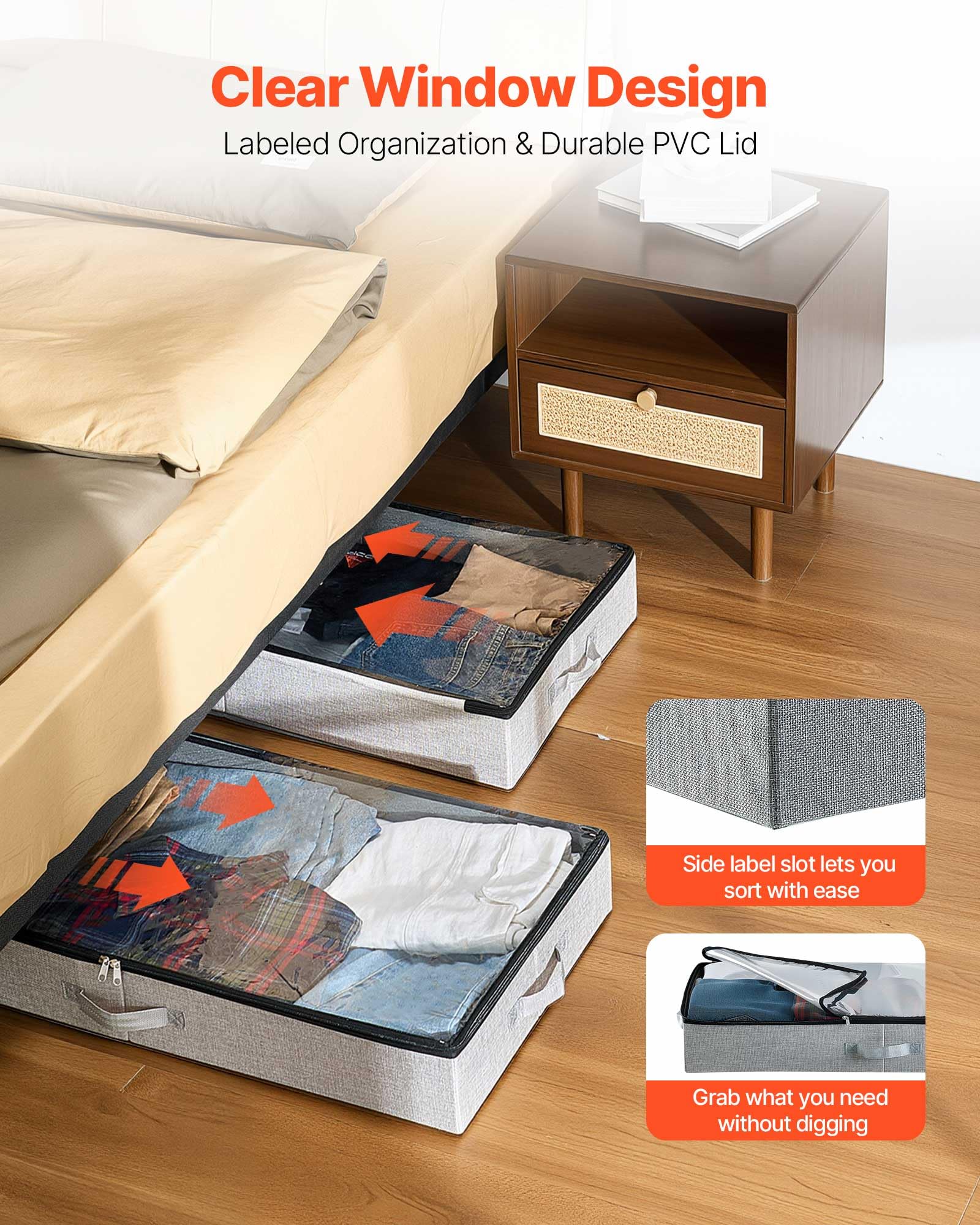 VEVOR Under Bed Storage with Clear Lids, 33.5 x 16.9 x 4.7 Inch, 45L Large Underbed Clothes Storage