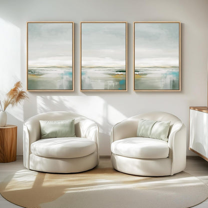 Large Framed Green Abstract Landscape Wall Art for Living Room, 3 Piece Canvas Prints Paintings Artwork for Walls, Modern Minimalist Pictures for Dining Room, Hallway, Office Wall Decor 24x36 In