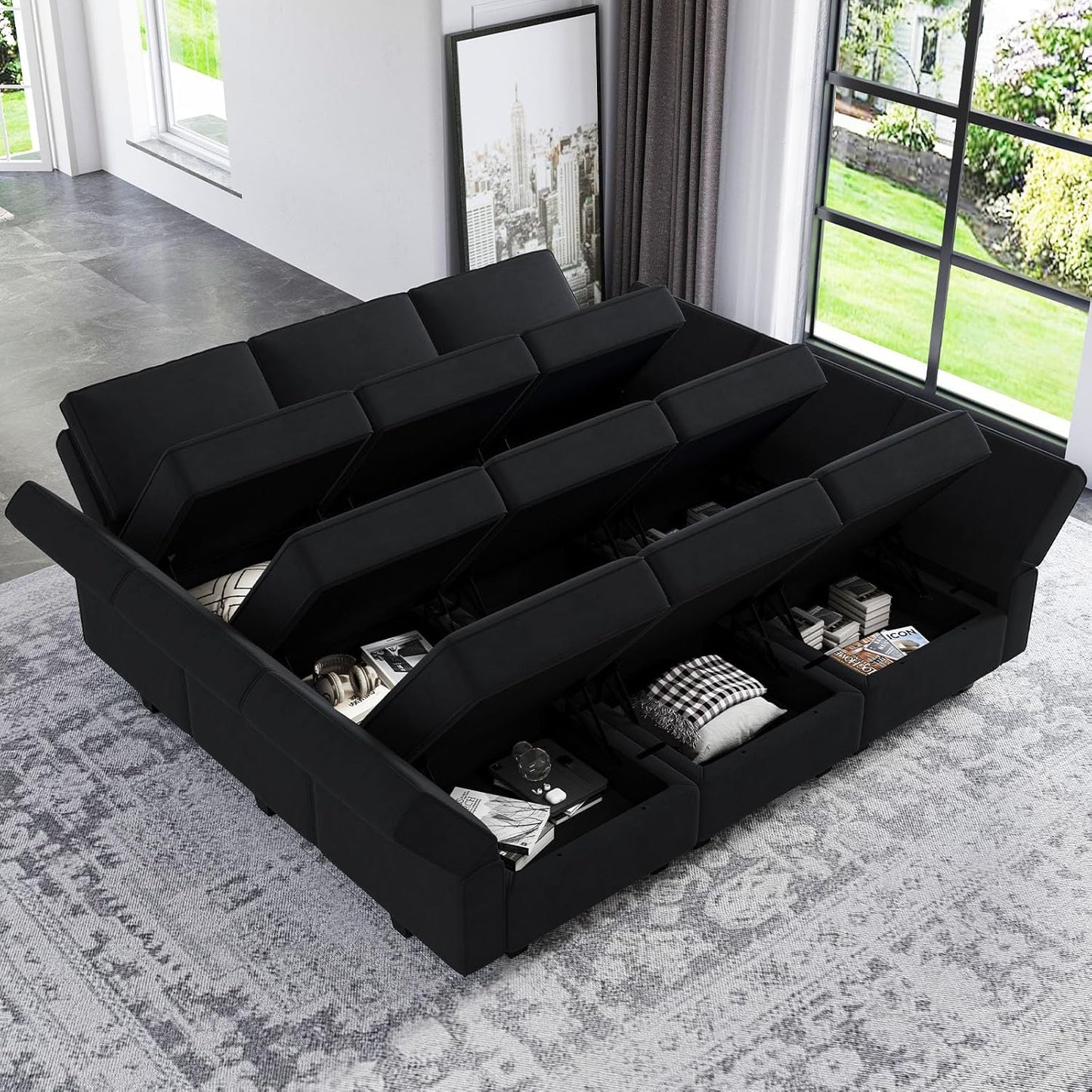 Belffin Modular Sectional Sofa with Ottomans Velvet Reversible Sleeper Chaise Bed Storage Seat Black