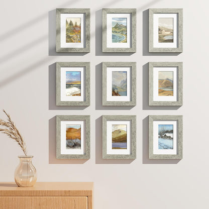 Vittanly 6x8 Picture Frames Set of 9, Shatter Resistant Plexiglass, Display 4x6 Pictures with Mat or 6x8 without Mat, Photo Frames for Wall or Tabletop, Engineered Wood, Grey