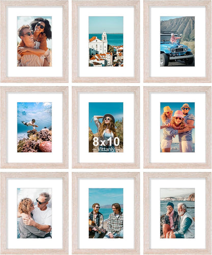 Vittanly 8x10 Picture Frames Set of 9, Shatter Resistant Plexiglass, Display 5x7 Pictures with Mat or 8x10 without Mat, Photo Frames for Wall or Tabletop, Engineered Wood, Rustic Pink