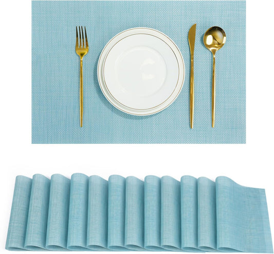 Placemats Set of 12，Non-Slip PVC Weave Table Mats Easy to Clean，Heat Resistant Place Mats for Kitchen Dining Table Decoration Indoor Outdoor，Blue