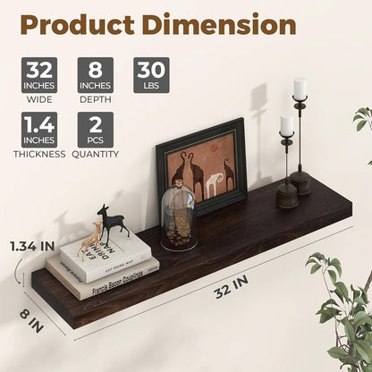 Axeman Floating Shelves for Wall - 32''W x 8'' D Rustic Solid Elm Wood Shelves for Storage, Wall Mounted Display Shelving with Invisible Heavy-Duty Metal Bracket (Walnut, 2PCs)