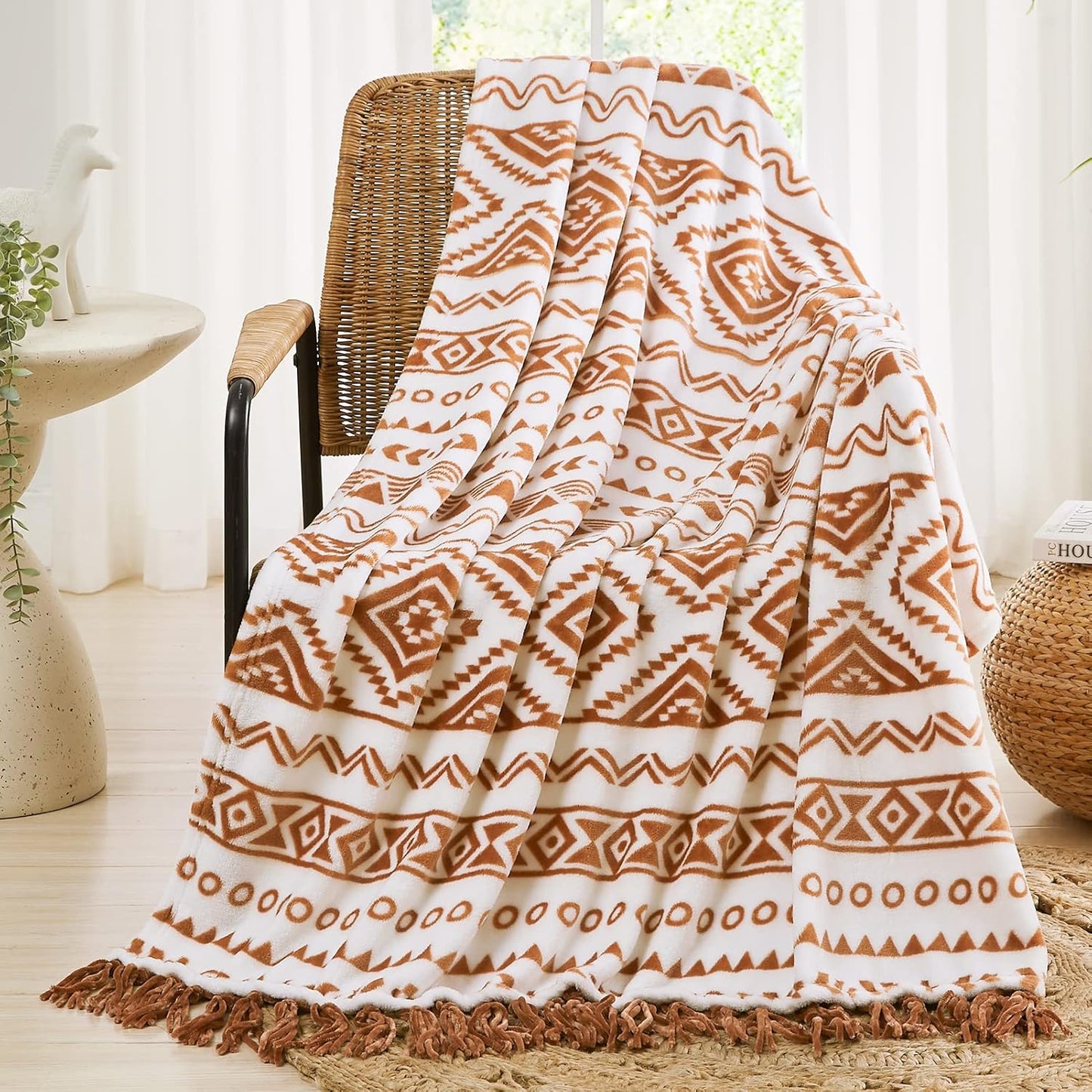 CASAAGUSTO Boho Throw Blanket - Terrcotta Decorative Blankets with Tassel, Printed Flannel Bohemian Blanket for Chair, Bed, Sofa, Couch(60 * 80, Terrcotta)