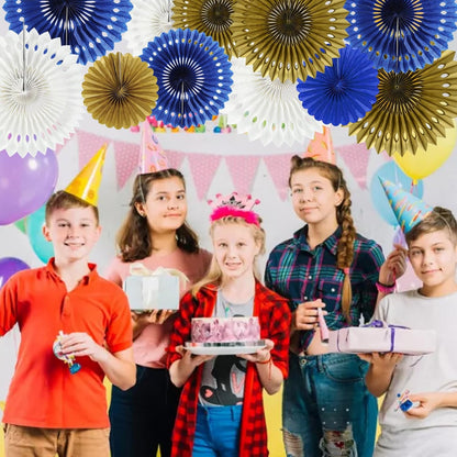 BEISHIDA Blue Gold White Hanging Honeycomb Round Paper Fans Decoration Set for New Year Baby Shower Birthday Wedding Bachelorette Photo Booth Backdrops Anniversary Paper Party Supplies（11packs）