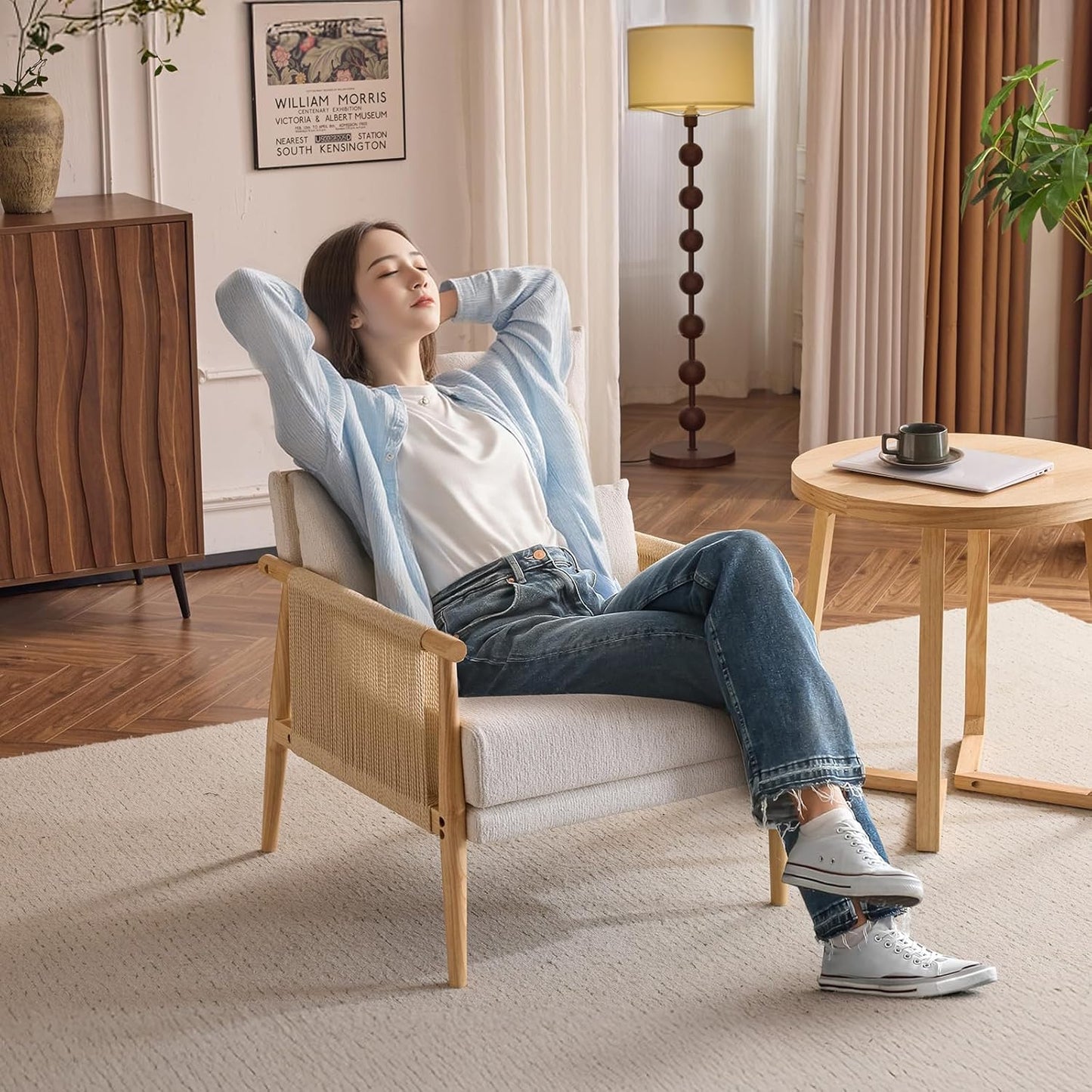 VINGLI Boho Braid Accent Armchair,Mid-Century Modern Chiar with Solid Wooden Armrest,Comfy Louge Cushion Chair with Waist Pillow for Bedroom,Living Room,Reading Room, Light Gray