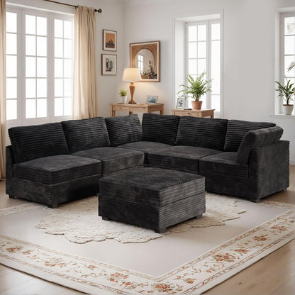 HOOOWOOO Modular Sectional Sofa,6 Pieces Sectional Couches for Living Room,98X98 L Shaped Cloud Couch with Ottoman Chaise Set(Black Velvet Corduroy)