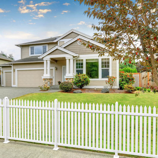 Patio 10 Sets Vinyl Picket Fence Panels 36" H x 84" W White PVC Decorative Fence for Front Yard Porch Patio Deck Pool Air Conditioner Fence Safety Dog Fence (34 Pickets, Straight)