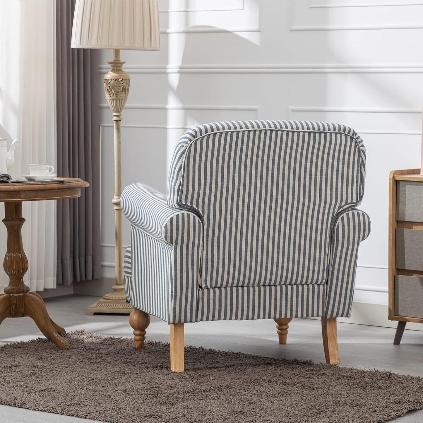 chairus Linen Accent Chair for Living Room Set of 2 Upholstered Mid Century Modern Single Sofa Chair with Solid Wood Legs Comfy Reading Armchair for Bedroom/Office Room/Recption/Lounge, Blue Stripe