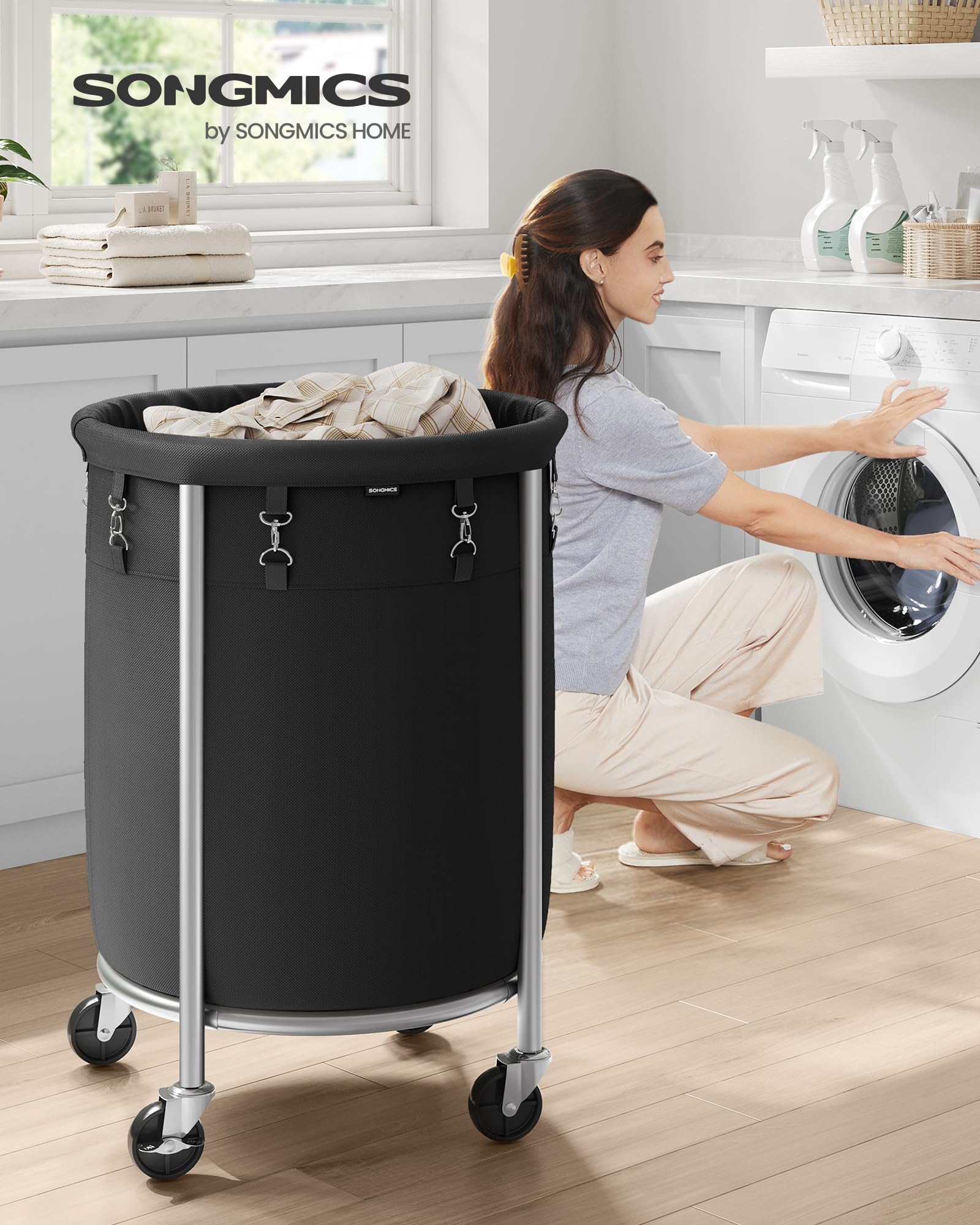 SONGMICS Laundry Basket, Rolling Steel Frame with 2 Locking Wheels, 110 L