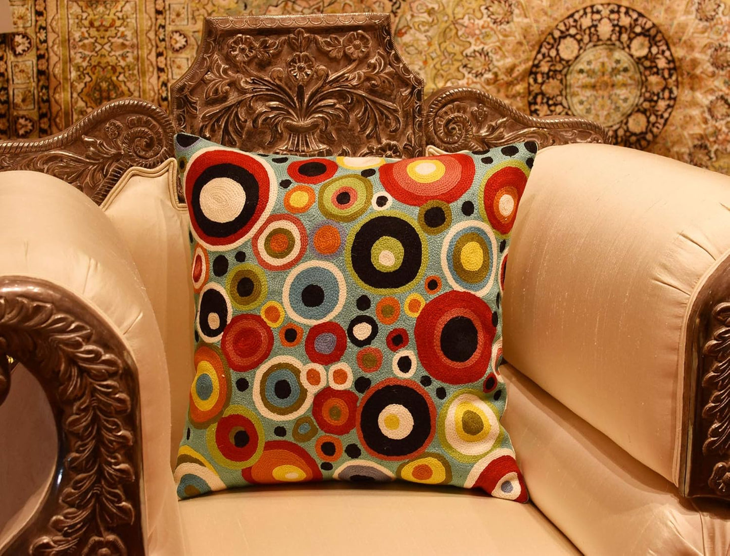 Turquoise Polka Dots Decorative Pillow Cover Contemporary Pillowcase Blue Modern Outdoor Chair Cushion Throw Sofa Couch Cushions Hand Embroidered Wool 18x18