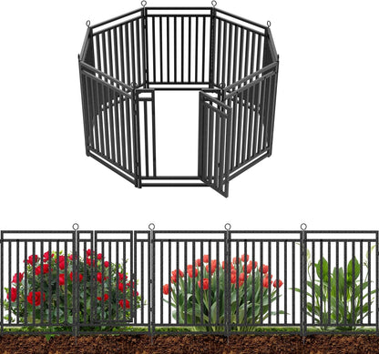Decorative Garden Fence Metal Dog Fence Outdoor for Yard, 18ft (L) × 40in (H), 7 Panels + 1 Gate, Heavy Duty Animal Barrier Fencing for Patio & Flower Bed, No Dig, Black-Silver