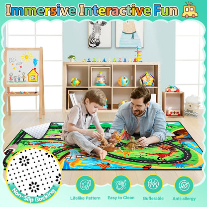 Kids Rug, Car Carpet for Kids' Toy Cars, 4x6 Ft Dinosaur Rug, Dino Safari Road Mat for Playroom, Educational Learning & Game Area Baby Play Mat Carpet for Children