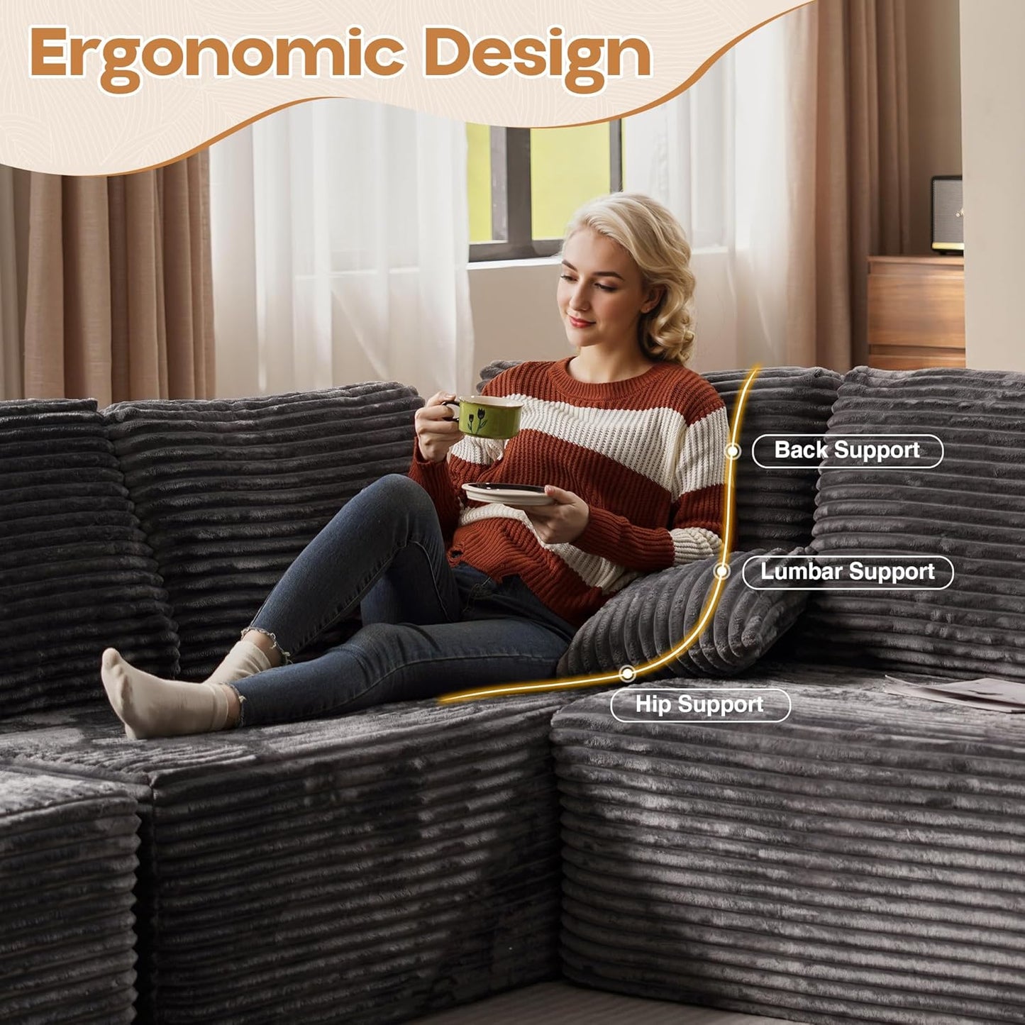 Cloud Sectional Couches for Living Room,U Shaped Modular Sofas No Assembly,165x107 Inches Plush Corduroy Oversized Floor Couch Set with Deep Seat Chaise,Grey