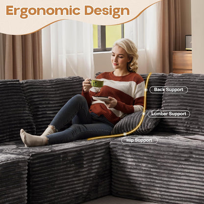 Cloud Sectional Couches for Living Room,U Shaped Modular Sofas No Assembly,133x68 Inches Plush Corduroy Oversized Floor Couch Set with Deep Seat Chaise,Grey