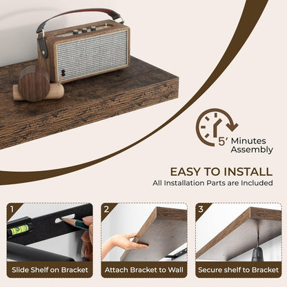 RICHFOCUS 24Inch Floating Shelves for Wall 2 Pack Shelves for Bedroom|Kitchen|Bathroom Wall Mounted Rustic Wood Floating Shelf with Invisible Brackets for Books|Storage|Decor, Rustic Brown