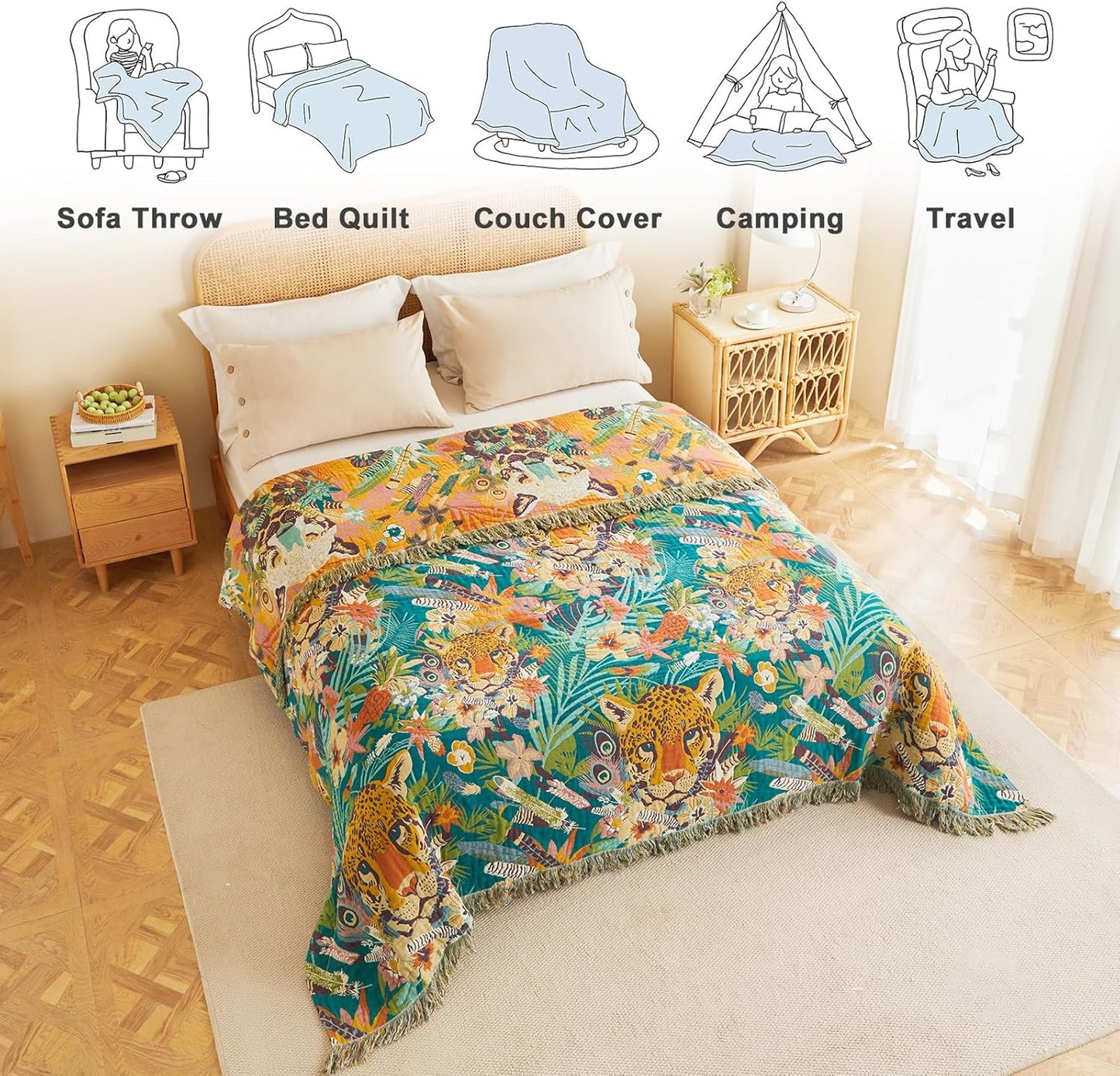 MSGKV Throw Blanket for Couch Bed Cotton Muslin Breathable Leopard Animals Twin Size Blanket 60"x80" for All Seasons Lightweight Farmhouse Blankets