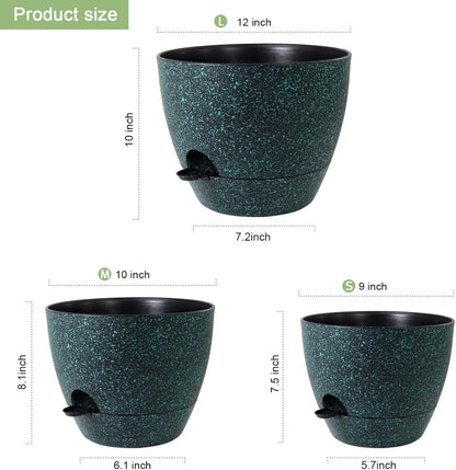12/10/9 inch Large Self Watering Pots, Planter, Plant Pots with Mesh Drainage Holes for Indoor Outdoor Garden Plants, Plastic Flower Pots with Deep Reservoir, Black with Green Speckles