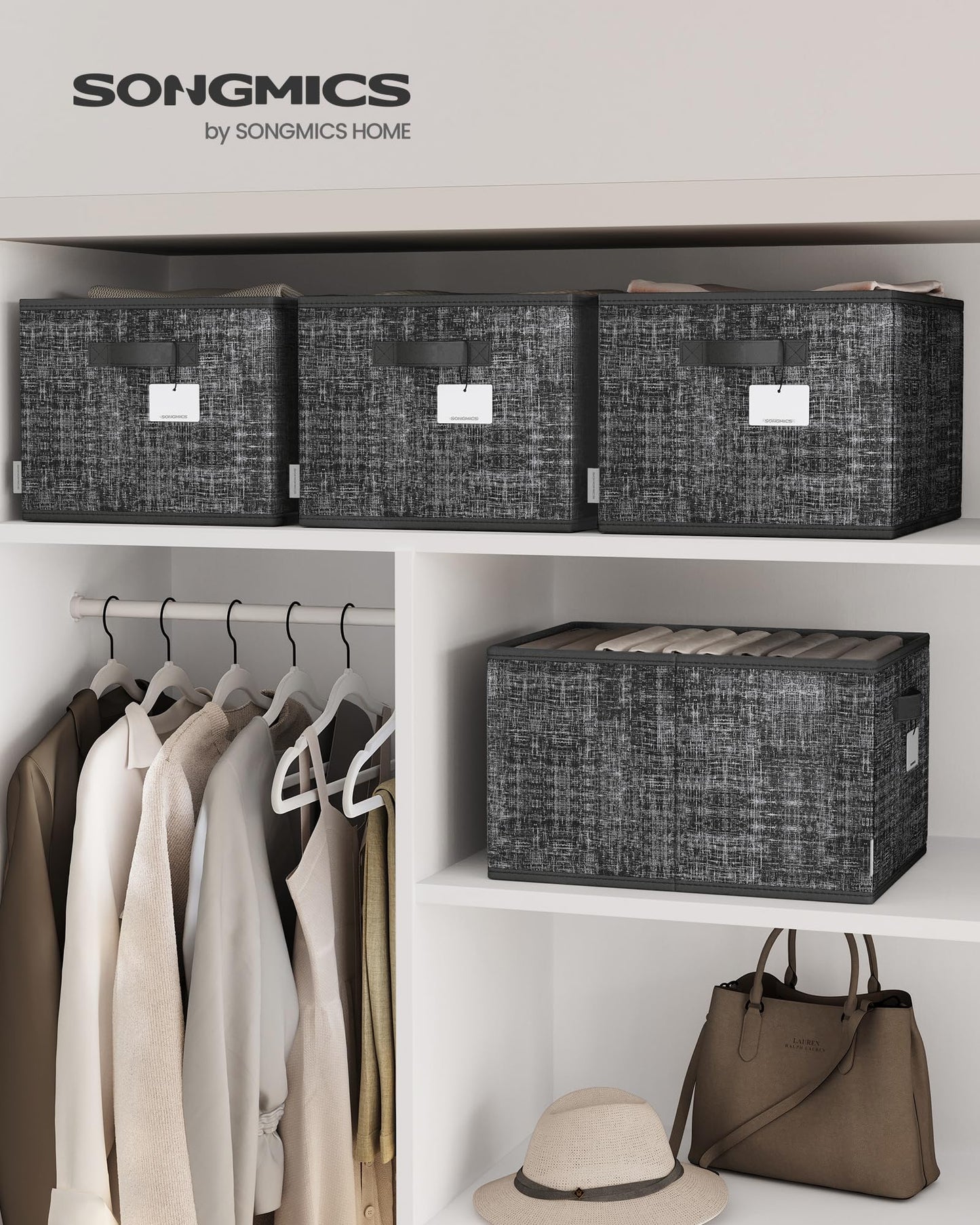SONGMICS Storage Baskets, Set of 3, Foldable Closet Organizer for Shelves