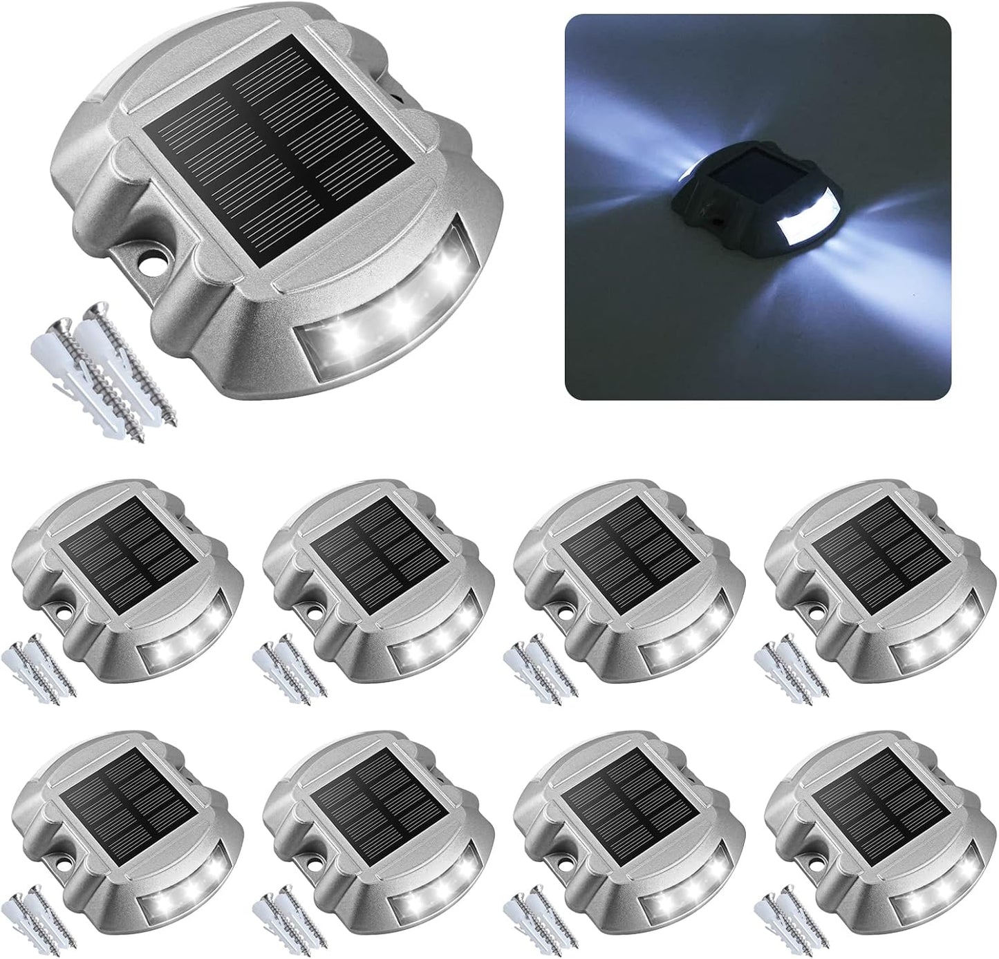 VOLISUN Solar Deck & Driveway Lights, 8-Pack Led IP67 Waterproof Outdoor Warning Step Lights for Garden Pathway Yard (White)