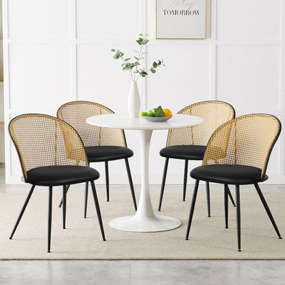 Dining Chairs Set of 4, Mid Century Modern Dining Room Chairs with Full Rattan Back, Faux Leather Kitchen Dining Chairs Farmhouse Armless Mesh Cane Back Side Chairs with Metal Legs, Black