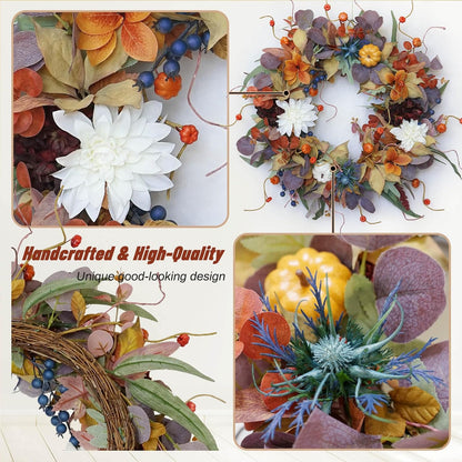 Fall Wreaths for Front Door Outside 24 Inch Autumn Wreath with Pumpkins, Silk Leaves & Purple Flowers Autumn Wreaths for Front Door, Halloween Wreath Decoration, Thanksgiving Decor