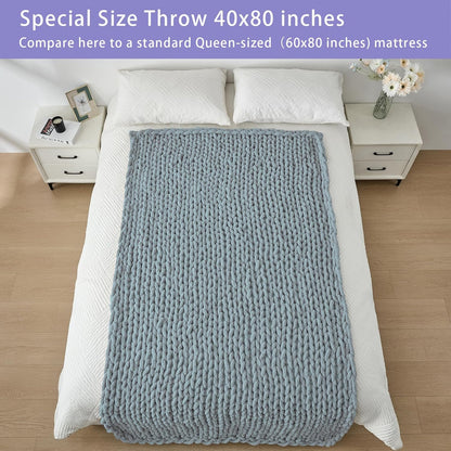 Bigacogo Chunky Knit Throw Blanket for Couch, 40x80 inches, 100% Hand Knitted with Thick Jumbo Chenille Yarn, Cozy Soft Large Rope Knot Cable Crochet Blankets for Sofa Bed Living Room, Dusty Blue
