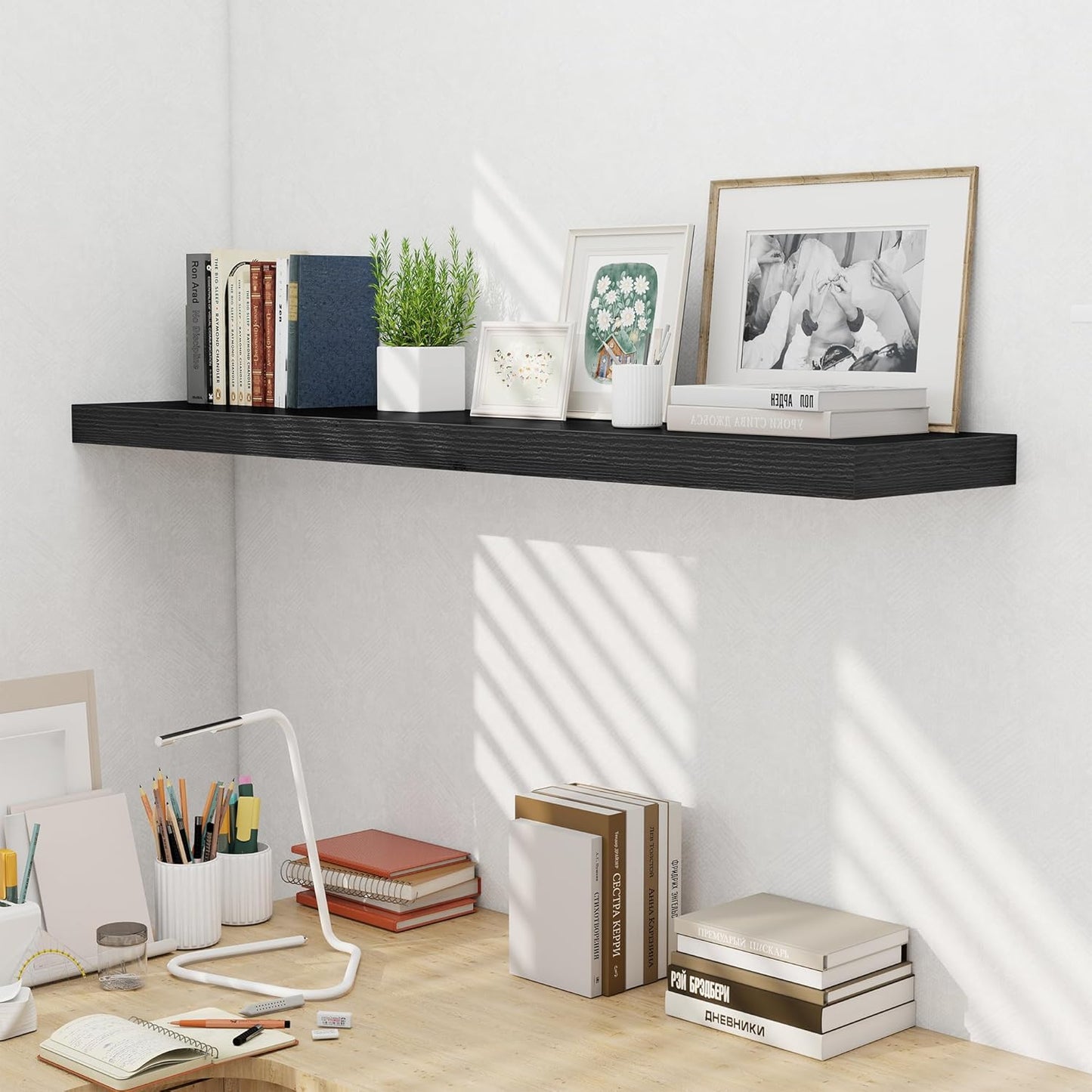 Fun Memories 55 Inch Fireplace Mentel Shelf, 10 Inch Deep Shelves for Display & Wall Storage, Rustic Wood Wall Shelf, Extra Long Floating Shelves for Living Room Laundry Room, Black, Set of 1