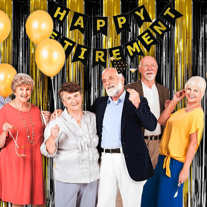 Black and Gold Party Streamers Decoration - GREATRIL Foil Fringe Backdrop for 2025 NYE/Anniversary/Farewell/Cocktail/Prom/EID/Birthdays - 3.2ft X 8.2ft - 2 Packs