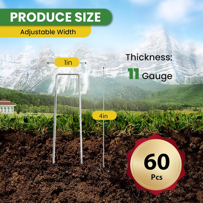 Landscape Staples 4 Inch 60 Pack, Garden Stakes Galvanized Garden Staples 11 Gauge, Plant Cover Stakes for Lawn Weed Barrier