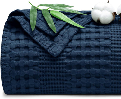 PHF Cooling Waffle Blanket Queen Size, Lightweight 60% Rayon Derived from Bamboo & 40% Cotton Breathable Blanket for Hot Sleepers, Soft and Luxury for Bed Couch and Sofa, 90"x90", Navy Blue