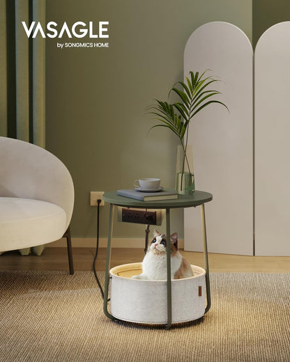 VASAGLE Side Table with Charging Station, Round End Table with Fabric Basket, LED Nightstand with Power Outlets, USB Ports, for Living Room, Bedroom, Modern, Forest Green and Cream White ULET227C01