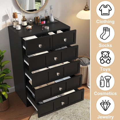 Wood Dresser for Bedroom 6 Drawer: 24" Black Chest of Drawers Wood, Modern Fluted Cabinet with Sturdy Storage, Wide Aesthetic Furniture for Room Organization