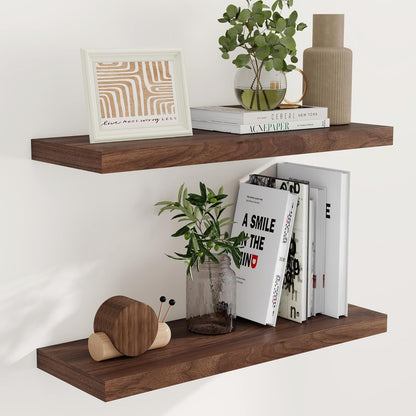 Rustic Wood Floating Shelves 32 Inch Long, 9 Inch Deep Wall Shelves for Home Decor, 32 x 9 Floating Shelf Wall Mounted Set of 2, Deep Floating Shelves for Kitchen, Bedroom, Living Room, Walnut Color