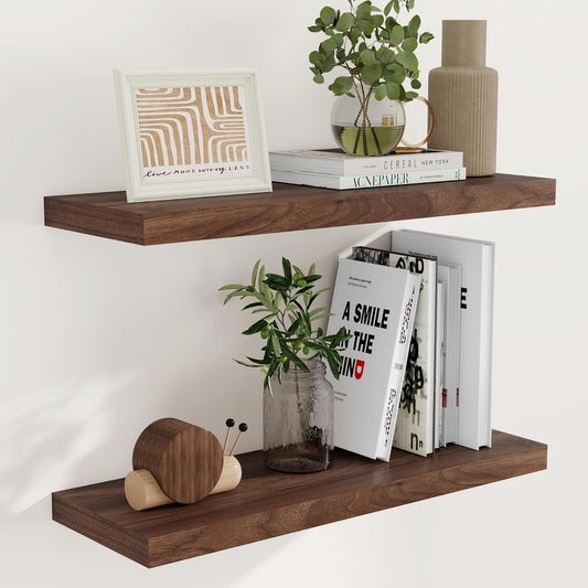 Rustic Wood Floating Shelves 32 Inch Long, 9 Inch Deep Wall Shelves for Home Decor, 32 x 9 Floating Shelf Wall Mounted Set of 2, Deep Floating Shelves for Kitchen, Bedroom, Living Room, Walnut Color
