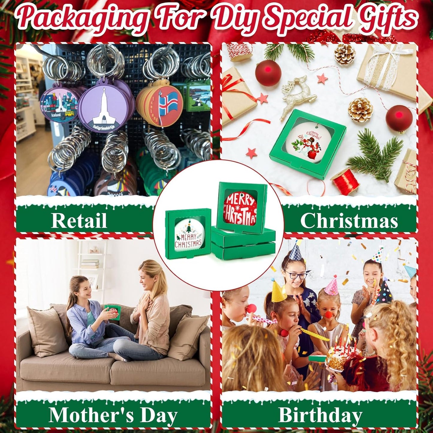 25 Pcs Sublimation Ornament Blanks Box 3.6"x3.6"x0.7" Christmas Ornaments Holder Ceramic Discs Packaging Box with Window for Personalized Xmas Tree Blanks Bulk (Green)